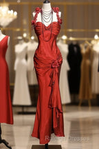 Aesthetic Mermaid Halter Neckline Red Satin Prom Dress Ruffle Long Party Dress