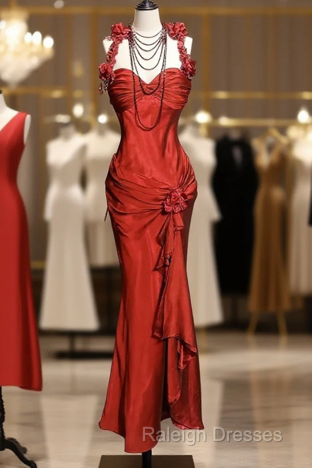 Aesthetic Mermaid Halter Neckline Red Satin Prom Dress Ruffle Long Party Dress