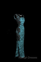 Aesthetic Mermaid Square Neckline Blue Taffeta Prom Dress Ruffle Long Party Dress