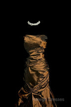 Aesthetic Mermaid Strapless Neckline Brown Taffeta Prom Dress Ruffle Long Party Dress