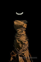 Aesthetic Mermaid Strapless Neckline Brown Taffeta Prom Dresses Ruffle Long Prom Dresses