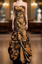 Aesthetic Mermaid Strapless Neckline Brown Taffeta Prom Dress Ruffle Long Party Dress