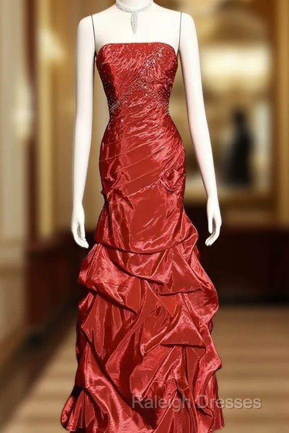Aesthetic Mermaid Strapless Neckline Red Taffeta Prom Dresses Ruffle Long Prom Dresses Main image