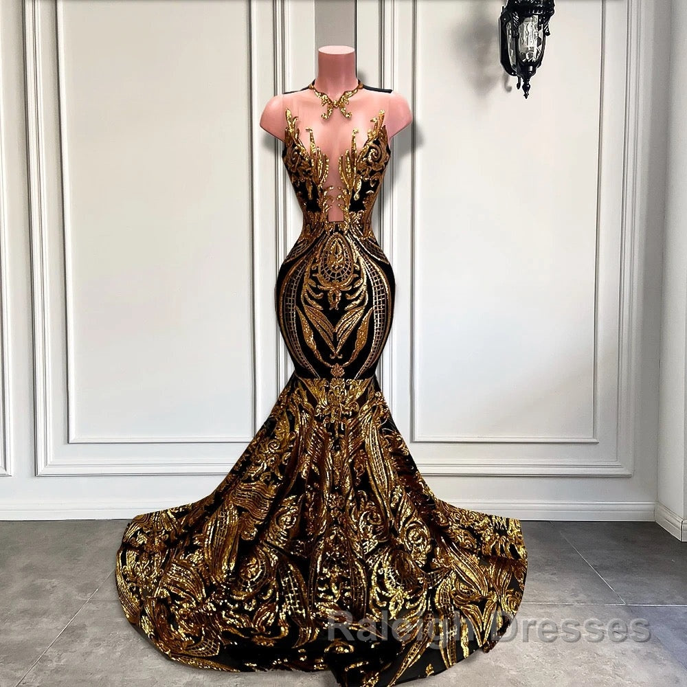Long Sleeveless Mermaid Prom Dress with Gold Sequins Secondary image