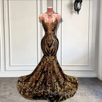 Long Sleeveless Mermaid Prom Dress with Gold Sequins