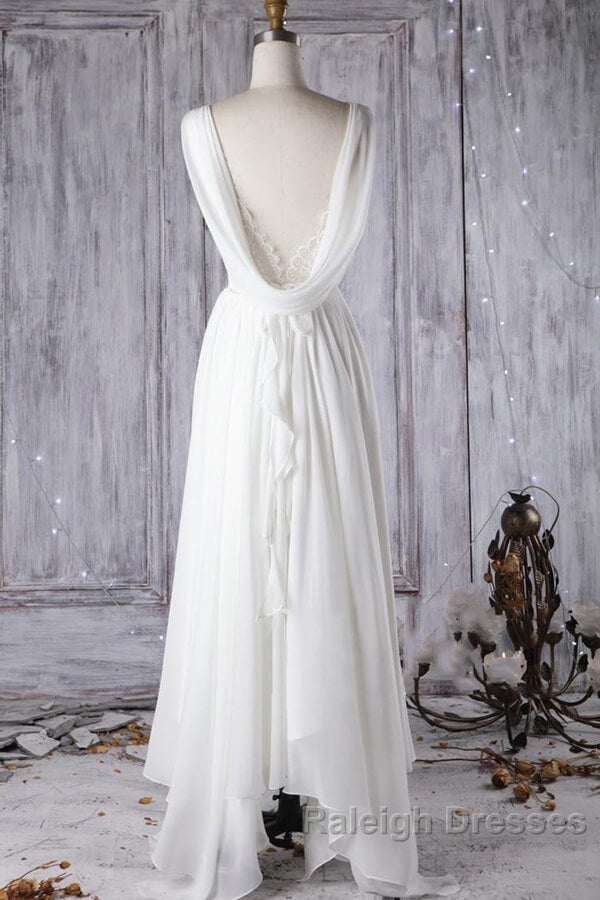 Affordable A Line Asymmetric Lace Chiffon Open Back Wedding Dresses Secondary image