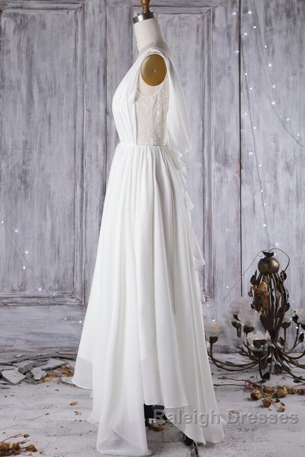 Affordable A Line Asymmetric Lace Chiffon Open Back Wedding Dresses