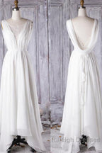 Affordable A Line Asymmetric Lace Chiffon Open Back Wedding Dresses