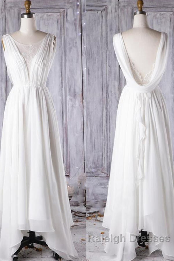 Affordable A Line Asymmetric Lace Chiffon Open Back Wedding Dresses