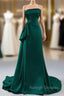 Affordable A-Line Dark Green Satin Strapless Pleats Beading Prom Dress