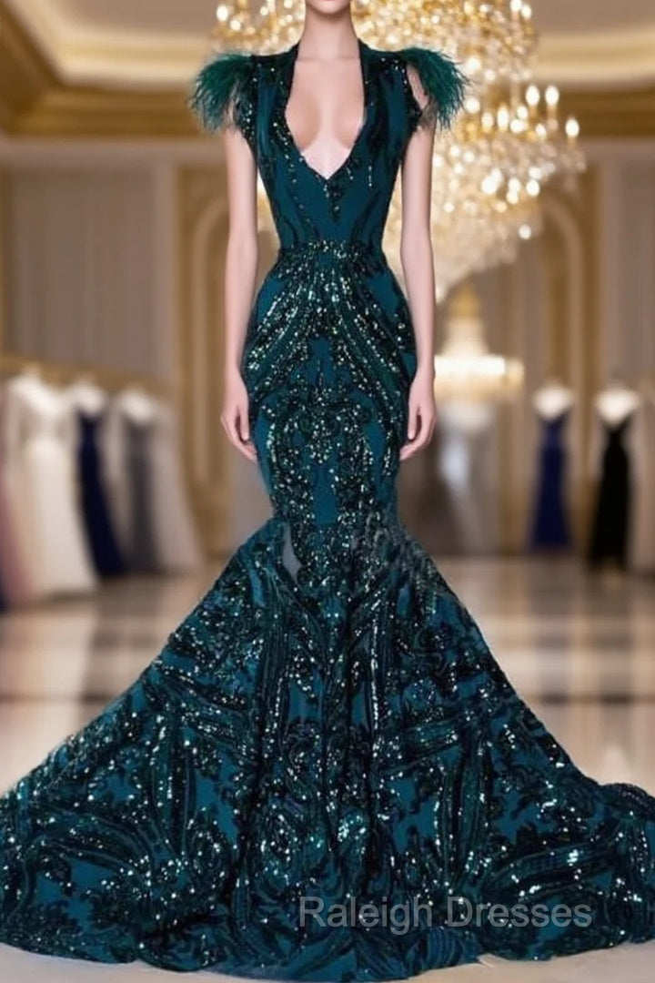 African Black Girls Court Train Feather V Neck Sexy Formal Party Gowns Prom Dress