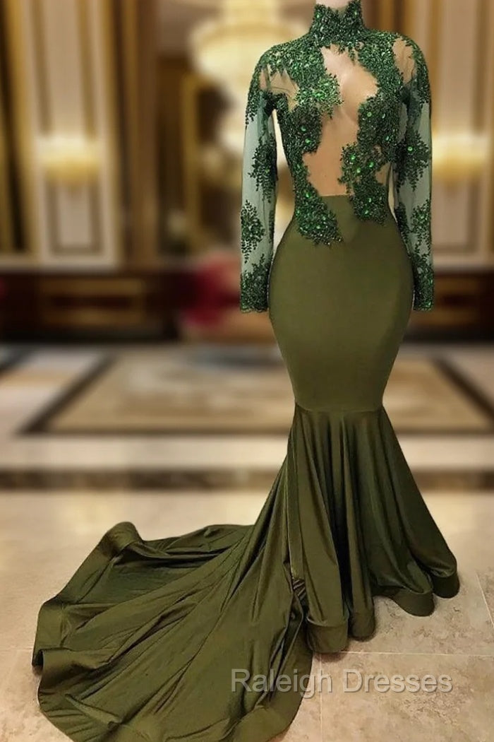 African Mermaid Green Sheer Corset Long Sleeves Evening Dress Main image