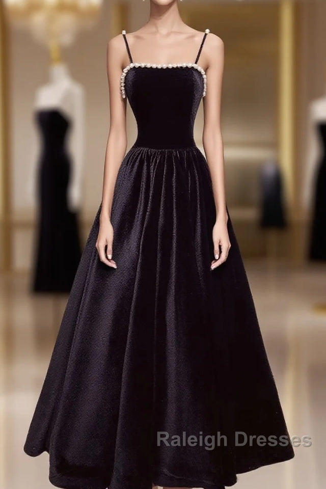 Aline Black Velvet Long Prom Dress, Black Formal Graduation With Beading Main image