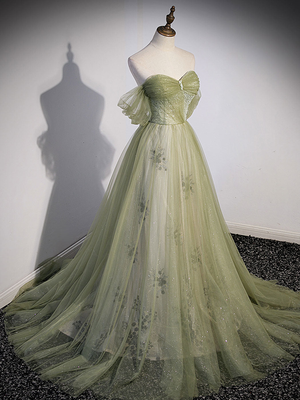 Aline Green Long Formal Prom Dress, Green Tulle Formal Prom Dress
