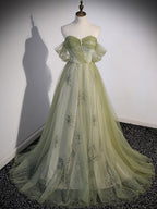 Aline Green Long Formal Prom Dress, Green Tulle Formal Prom Dress