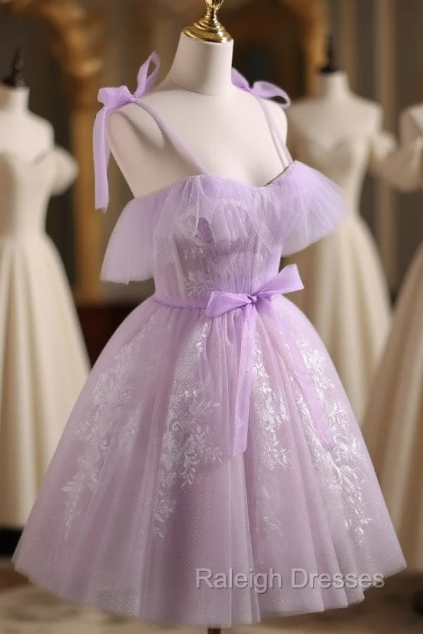 Aline Lace Short Purple Prom Dress,  Puffy Purple Homecoming Dress