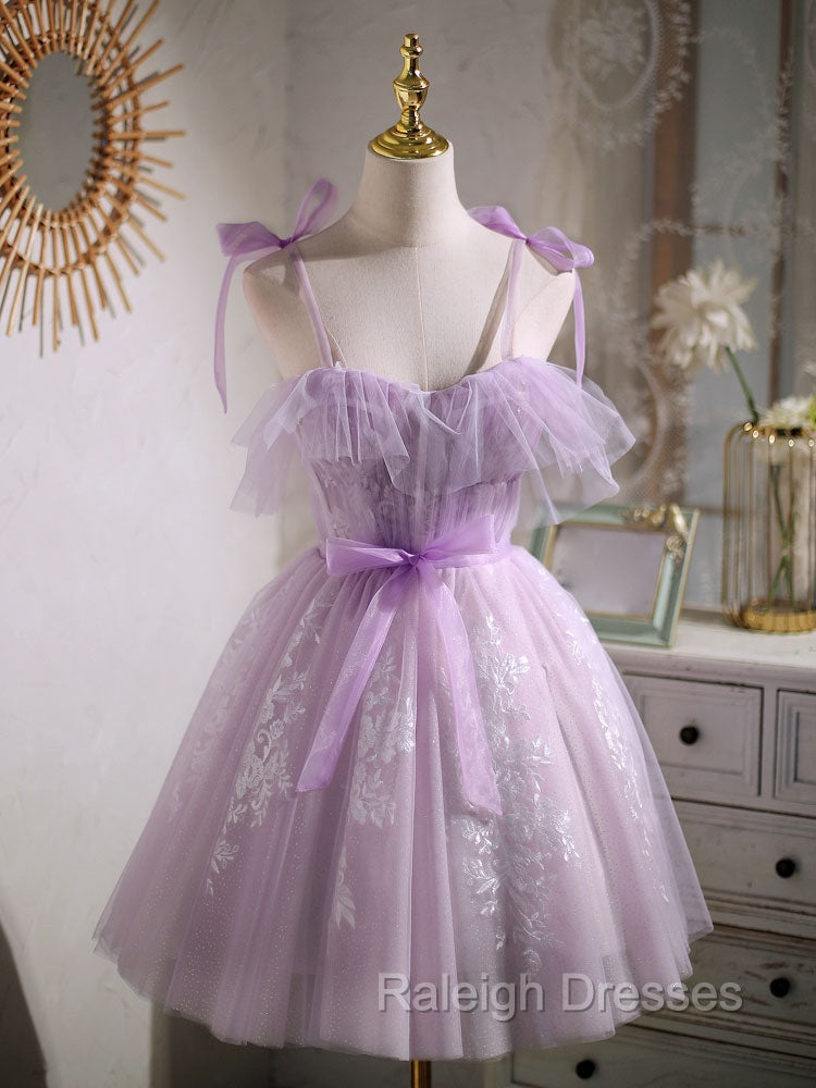 Aline Lace Short Purple Prom Dress,  Puffy Purple Homecoming Dress Main image