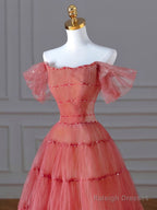 Aline Off Shoulder Long Prom Dresses, Red Formal Graduation Dress With Beading Sequin