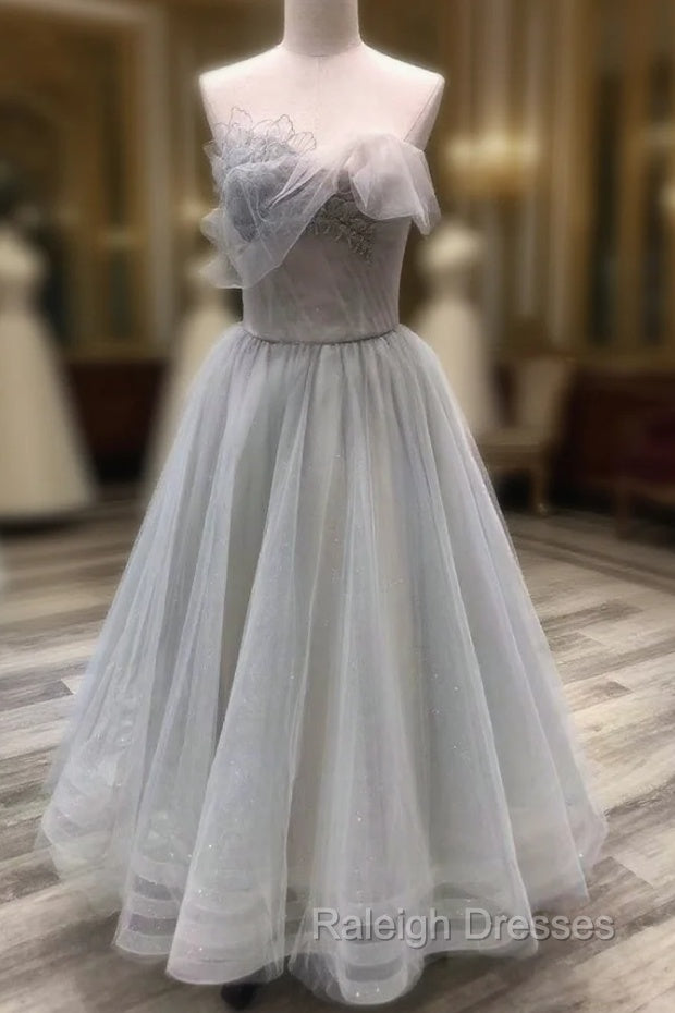 A line Tea Length Gray Prom Dress, Gray Tulle Homecoming Dress Main image