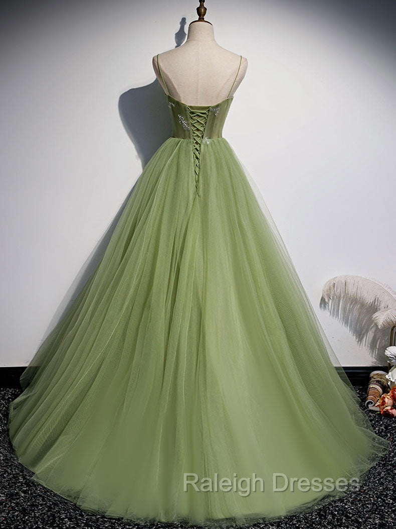 Aline Tulle Green Long Prom Dresses, Green Formal Graduation Dress with Beading Secondary image