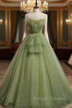 Aline Tulle Green Long Prom Dresses, Green Formal Graduation Dress with Beading