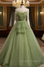 Aline Tulle Green Long Prom Dresses, Green Formal Graduation Dress with Beading