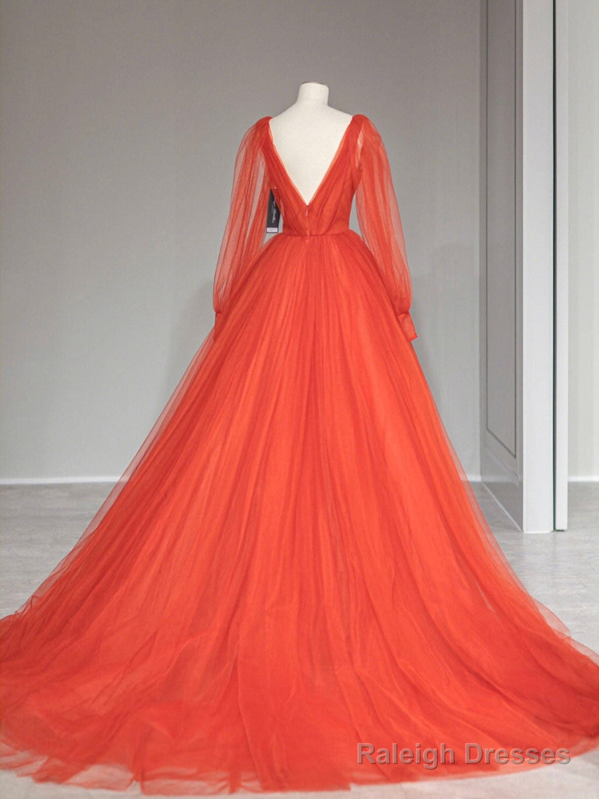 Aline V Neck Tulle Orange Long Prom Dress, Orange Formal Party Dress
