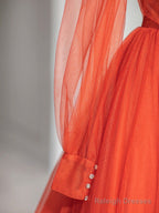 Aline V Neck Tulle Orange Long Prom Dress, Orange Formal Party Dress
