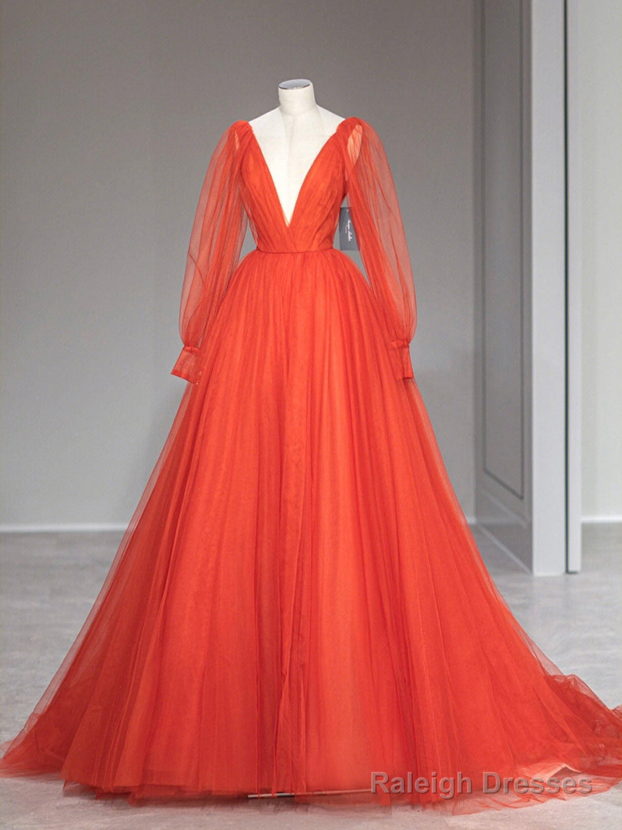 Aline V Neck Tulle Orange Long Prom Dress, Orange Formal Party Dress Main image