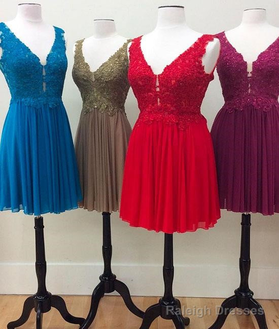 All Color A-Line V Neck Lace Chiffon Short Prom Dress Main image