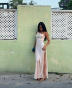 Simple A-Line Spaghetti Strap Lace Satin Prom Dresses Wedding Guest Dresses With Slit