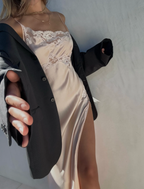 Simple A-Line Spaghetti Strap Lace Satin Prom Dresses Wedding Guest Dresses With Slit