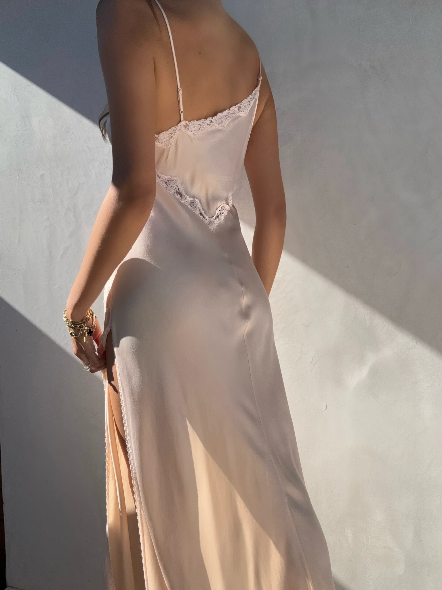 Simple A-Line Spaghetti Strap Lace Satin Prom Dresses Wedding Guest Dresses With Slit