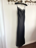 Simple A-Line Spaghetti Strap Lace Satin Prom Dresses Wedding Guest Dresses With Slit