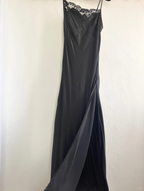 Simple A-Line Spaghetti Strap Lace Satin Prom Dresses Wedding Guest Dresses With Slit