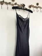 Simple A-Line Spaghetti Strap Lace Satin Prom Dresses Wedding Guest Dresses With Slit