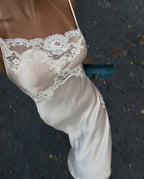 Simple A-Line Spaghetti Strap Lace Satin Prom Dresses Wedding Guest Dresses With Slit