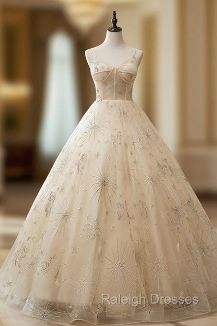 Always Remember Wearing Champagen Ball Gown Tulle Spaghetti Straps Embroidery Quinceanera Dress