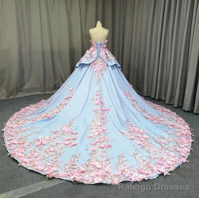 Amazing 3D Floral Lace Flower Satin Wedding Dress Sweetheart Ball Gown Secondary image