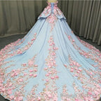Amazing 3D Floral Lace Flower Satin Wedding Dress Sweetheart Ball Gown