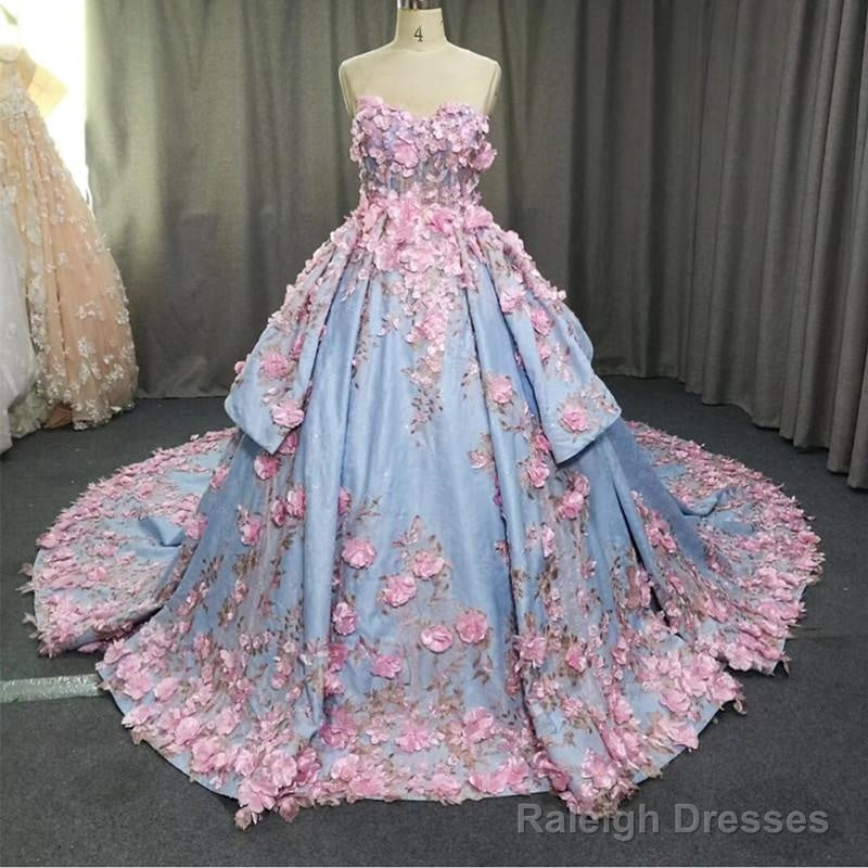 Amazing 3D Floral Lace Flower Satin Wedding Dress Sweetheart Ball Gown