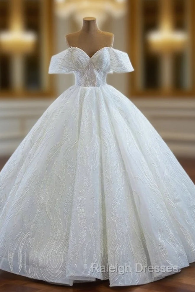 Amazing &amp; Affordable White Ball Gown Tulle Sequins Off the Shoulder Floor Length Wedding Dress