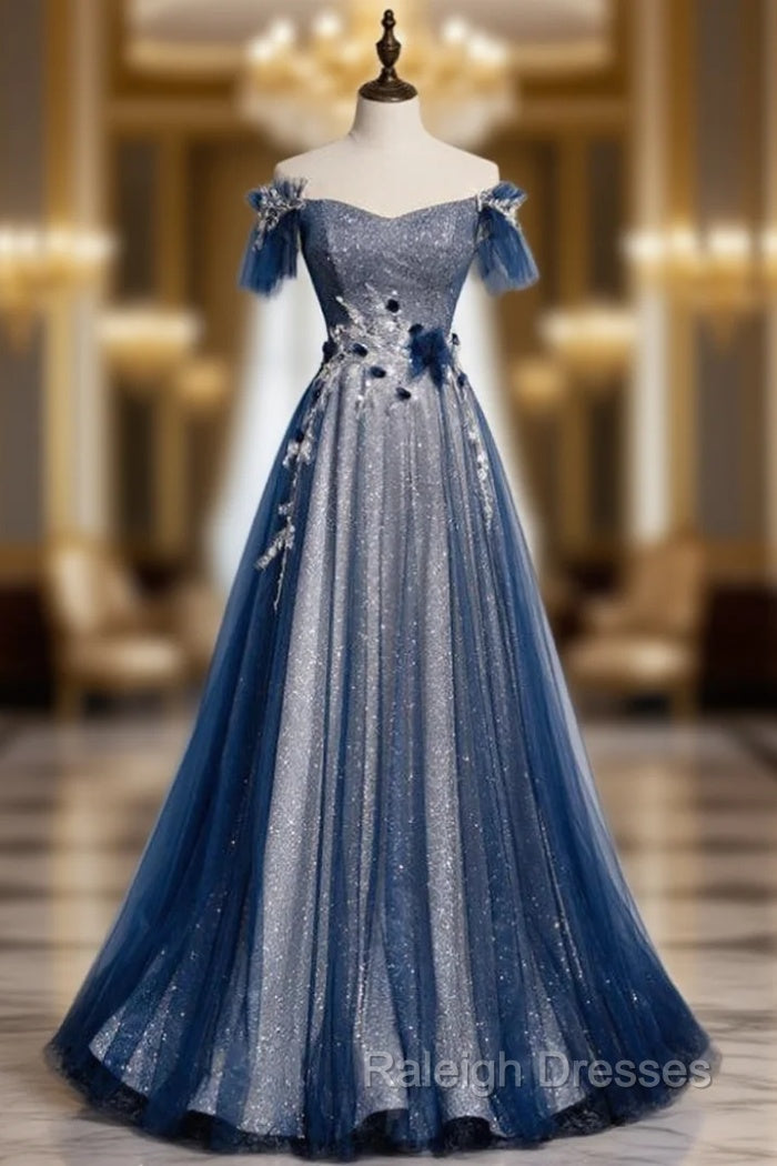 Amazing Blue Tulle Sequins Off the Shoulder Beading Prom Dress