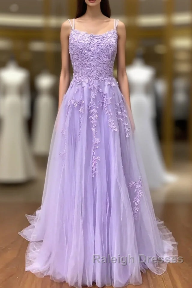 Amazing Lilac Straps Long Lace Prom Dresses With Appliques Main image