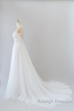 Amazing Long A Line Chapel Train Appliques Tulle Backless Wedding Dresses