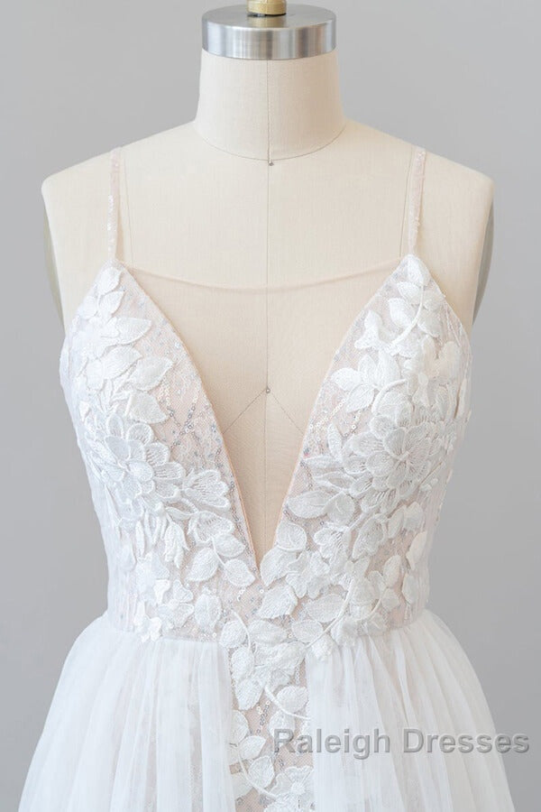 Amazing Long A Line Chapel Train Appliques Tulle Backless Wedding Dresses