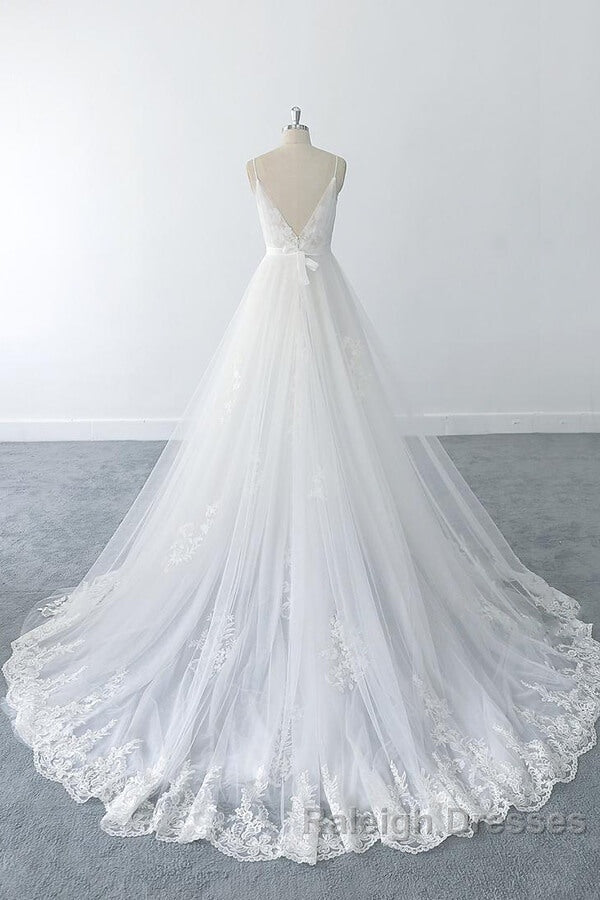 Amazing Long A Line V Neck Ruffle Appliques Tulle Wedding Dresses Secondary image