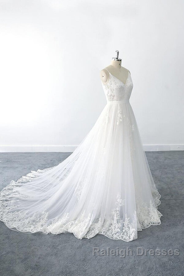 Amazing Long A Line V Neck Ruffle Appliques Tulle Wedding Dresses