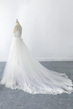 Amazing Long A-line V-neck Ruffle Appliques Tulle Wedding Dress