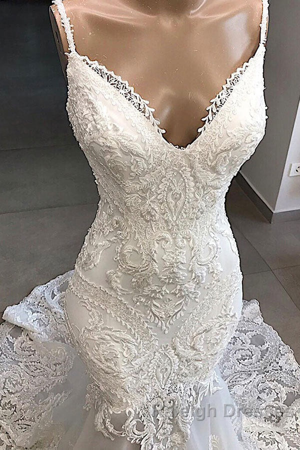 Amazing Long Mermaid Appliques Tulle Backless Wedding Dresses